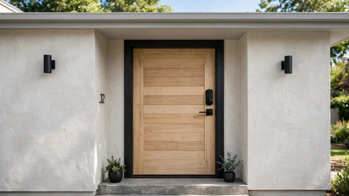 House front entrance with a black lever-handle smart door lock fitted to a timber door