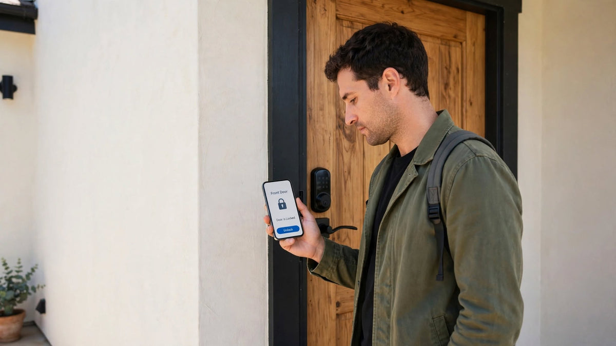 Person at their front door checking a smart lock app on their phone, black lever-handle lock on the door
