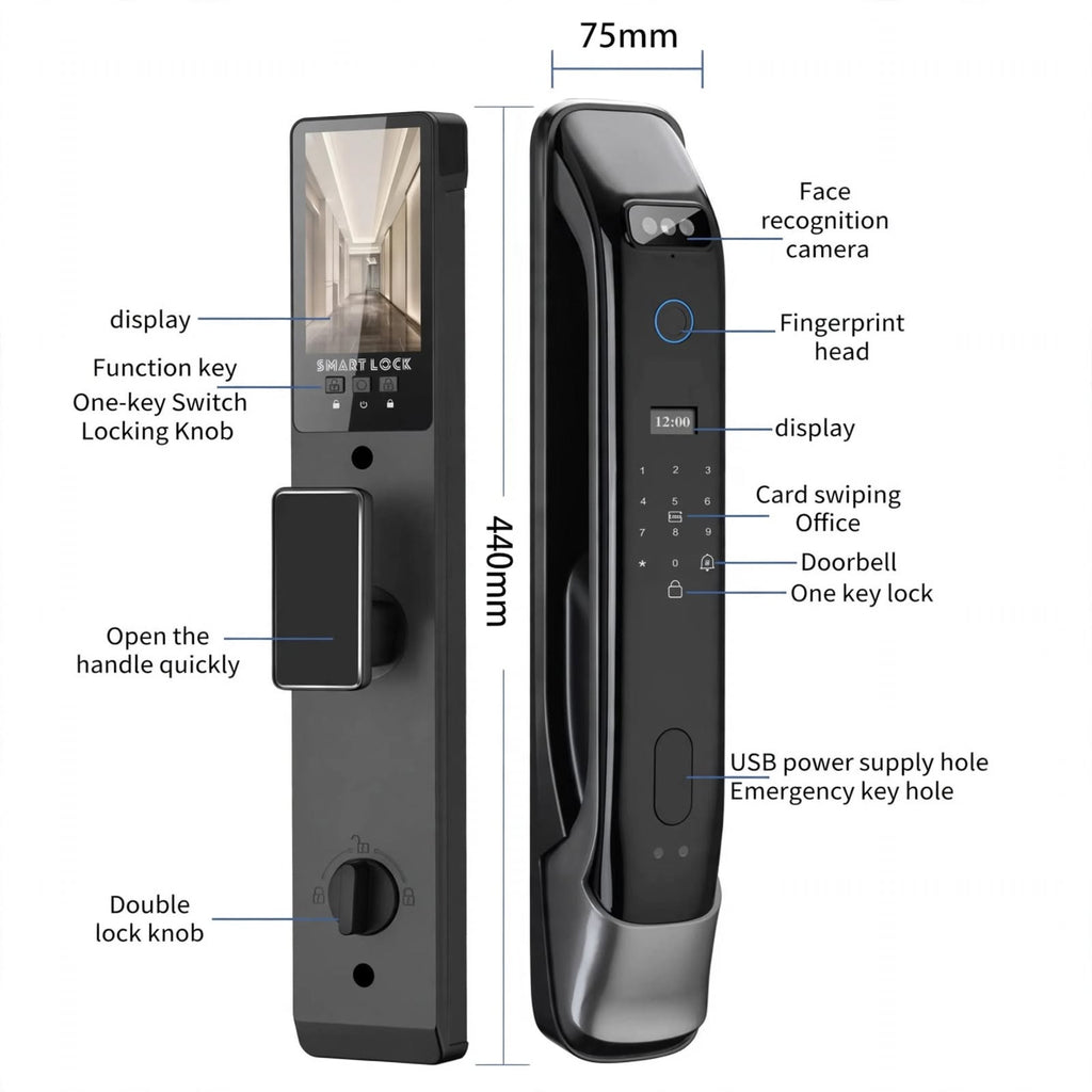Labelled diagram: display, function key, one-key locking knob, double lock knob, face recognition camera, fingerprint head, card swiping area, doorbell, USB power hole and emergency key hole, 75 mm wide and 440 mm tall