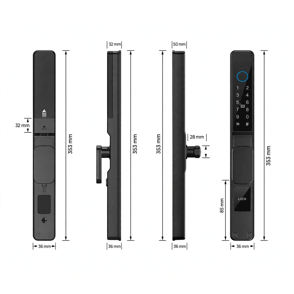 Dimension drawing of the short-handle smart door lock: 353 mm tall, 36 mm wide, 32 and 28 mm depths, 85 mm centres, hook bolt shown