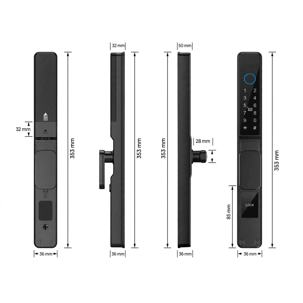 Dimension drawing of the short-handle smart door lock: 353 mm tall, 36 mm wide, 32 and 28 mm depths, 85 mm centres, hook bolt shown