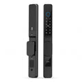 Matte black push/pull smart door lock with a short flush handle, outer keypad panel and inner panel