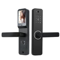 Smart door lock with built-in camera: outer panel with capture camera and keypad, inner panel with display screen