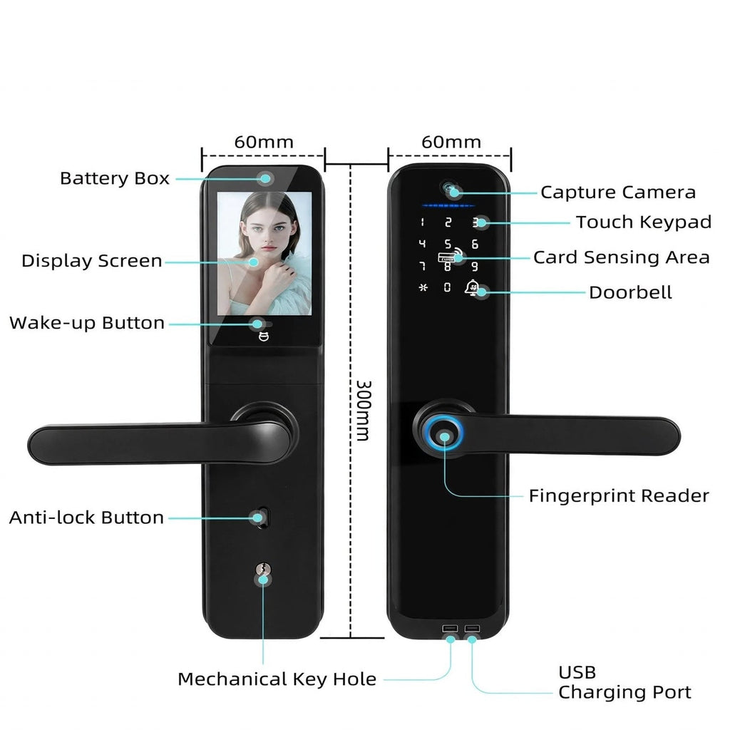 Labelled diagram: battery box, display screen, wake-up button, anti-lock button, mechanical keyhole, capture camera, touch keypad, card sensing area, doorbell, fingerprint reader and USB charging port, 60 mm wide and 300 mm tall