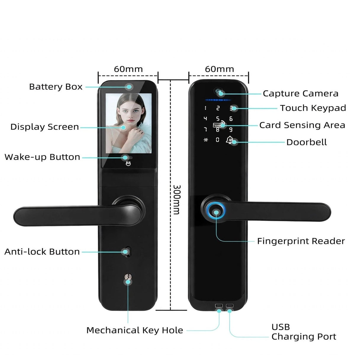 Labelled diagram: battery box, display screen, wake-up button, anti-lock button, mechanical keyhole, capture camera, touch keypad, card sensing area, doorbell, fingerprint reader and USB charging port, 60 mm wide and 300 mm tall