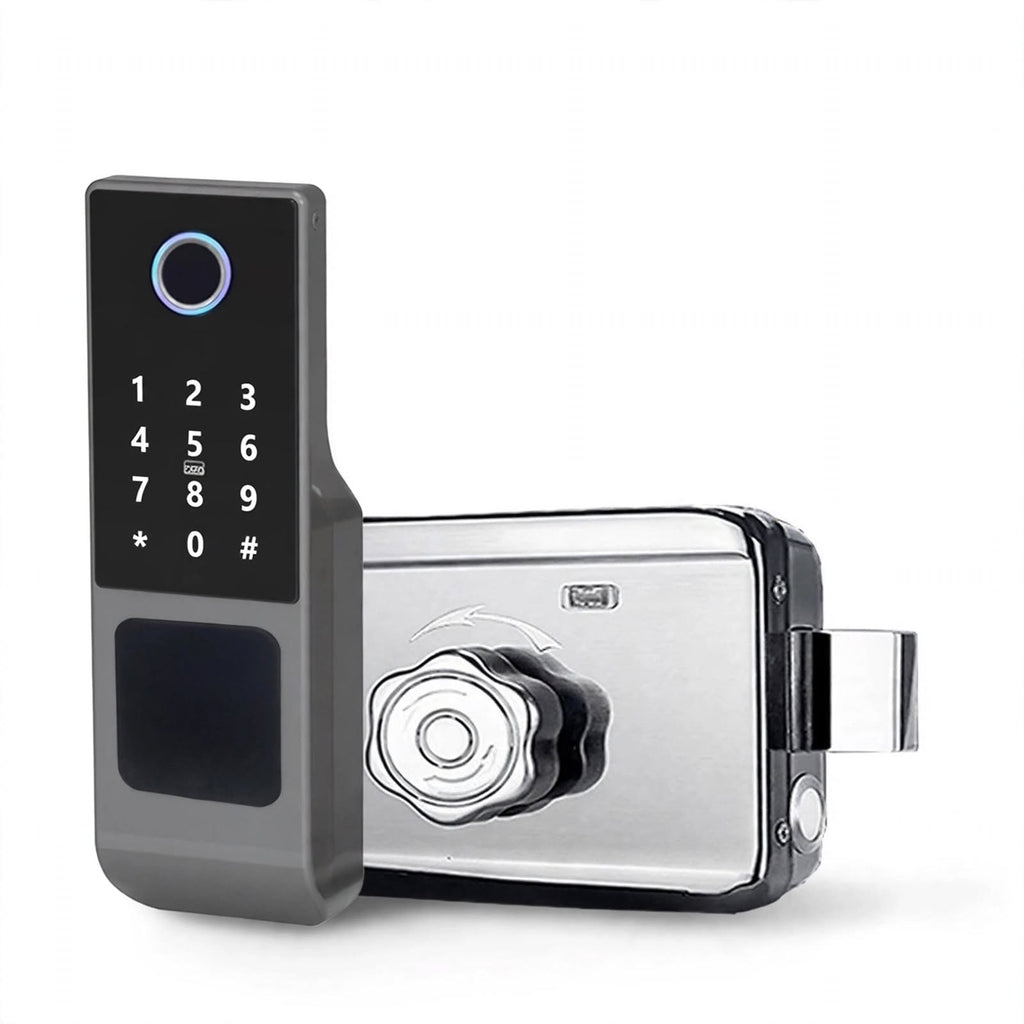 IP66 gate smart lock: keypad panel with fingerprint reader beside the stainless steel surface-mounted rim lock body