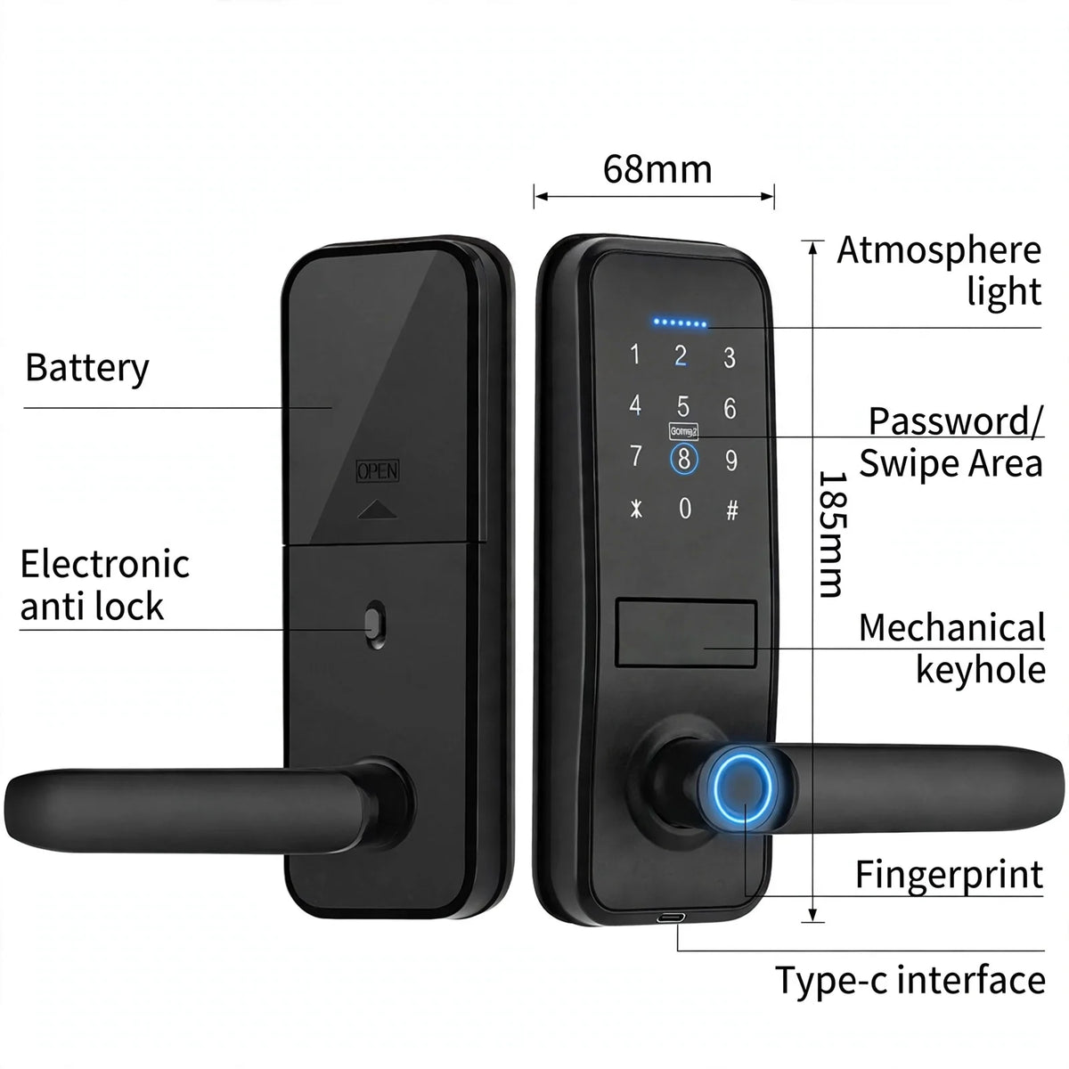 Labelled diagram of the lever-handle smart door lock: battery, anti-lock, atmosphere light, password swipe area, mechanical keyhole, fingerprint and Type-C interface, 68 mm wide and 185 mm tall