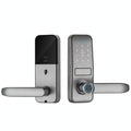 Silver lever-handle smart door lock, outer and inner panels side by side
