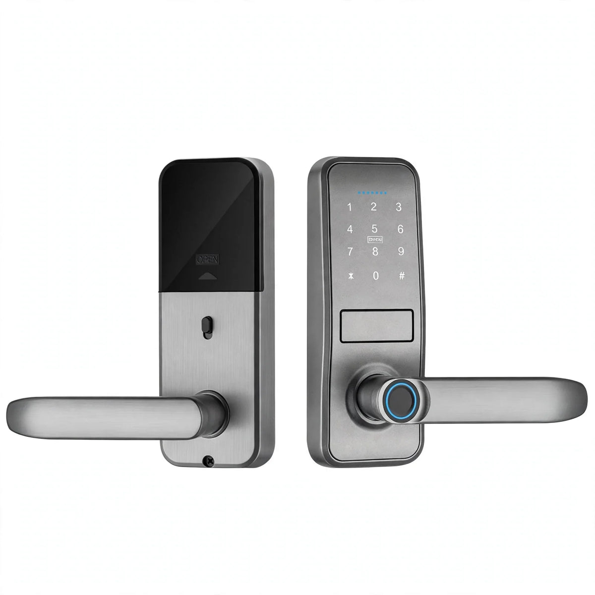 Silver lever-handle smart door lock, outer and inner panels side by side