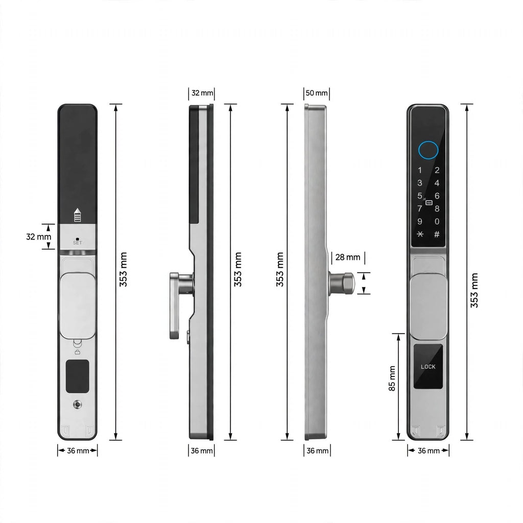 Dimension drawing of the silver short-handle smart door lock: 353 mm tall, 36 mm wide, 32 and 28 mm depths, hook bolt shown