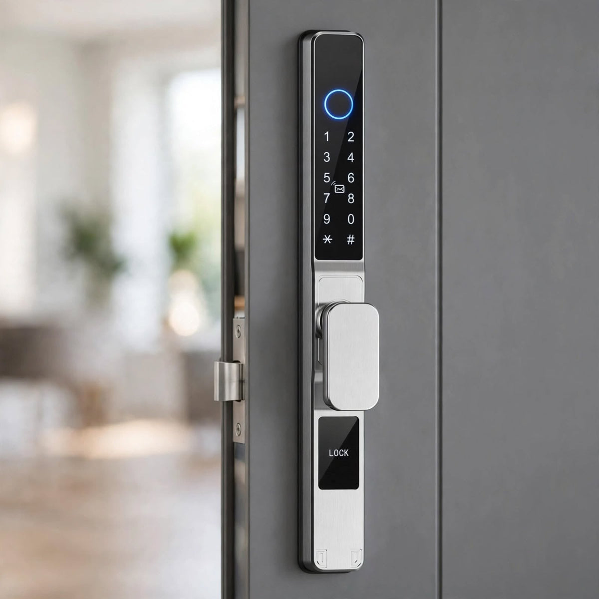 Silver short-handle smart door lock fitted to a grey entry door